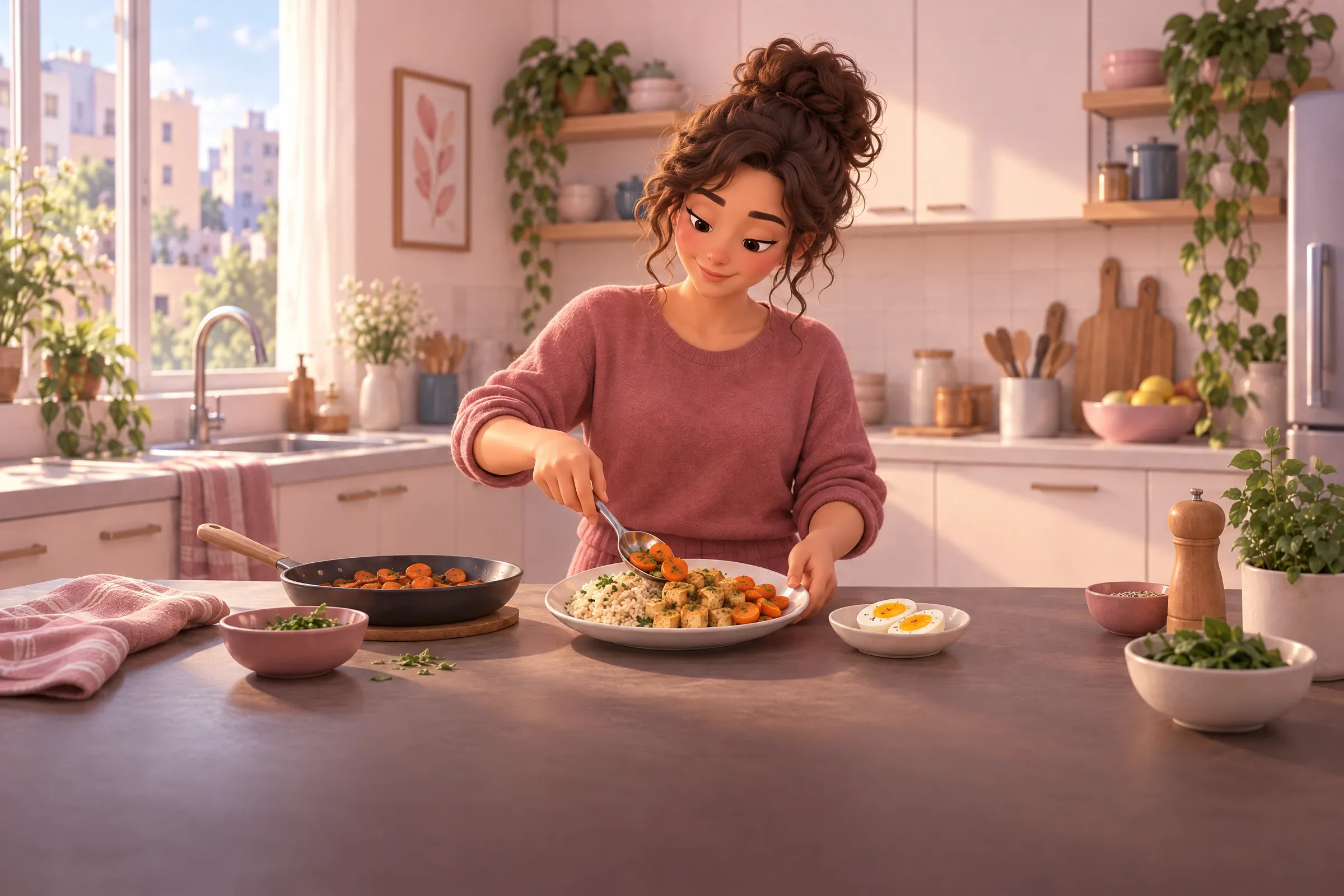 אישה בסוודר ורוד במטבח מואר מגישה לצלחת אורז, קוביות טופו וגזר מוקפץ, ולידה צלוחית עם ביצה קשה חתוכה