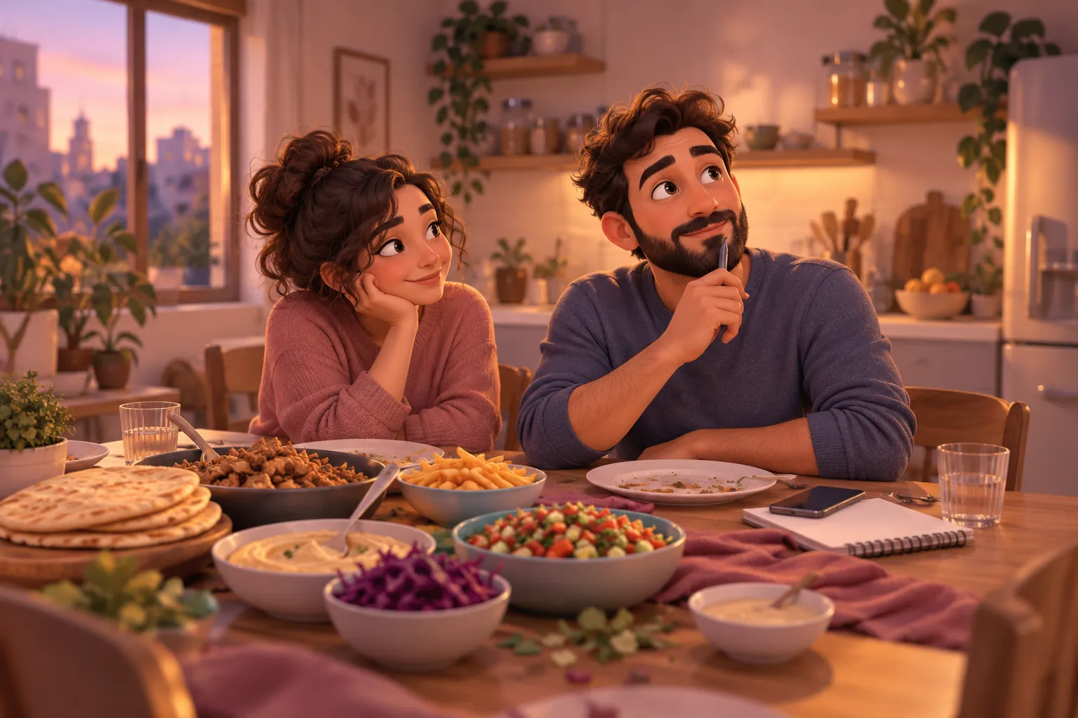 זוג מהרהר ליד שולחן עם לאפות, שווארמה, חומוס, צ'יפס וסלט