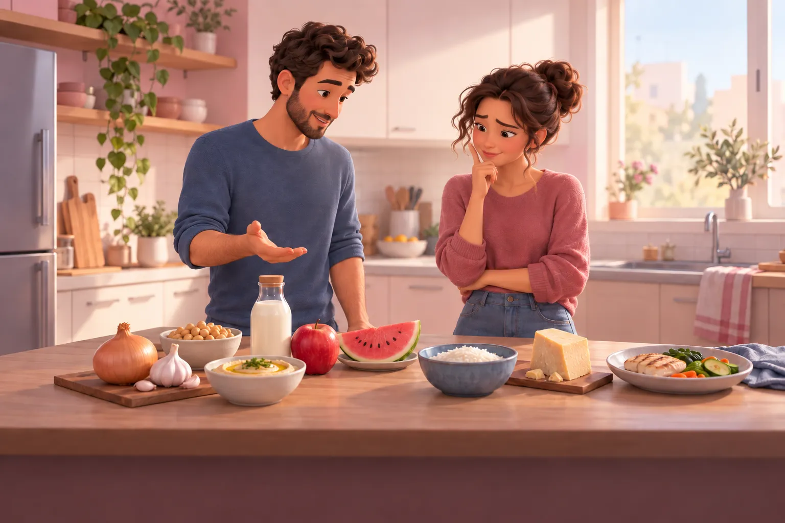 זוג במטבח מתלבט מול בצל, שום, חומוס, חלב, תפוח ואבטיח על השיש