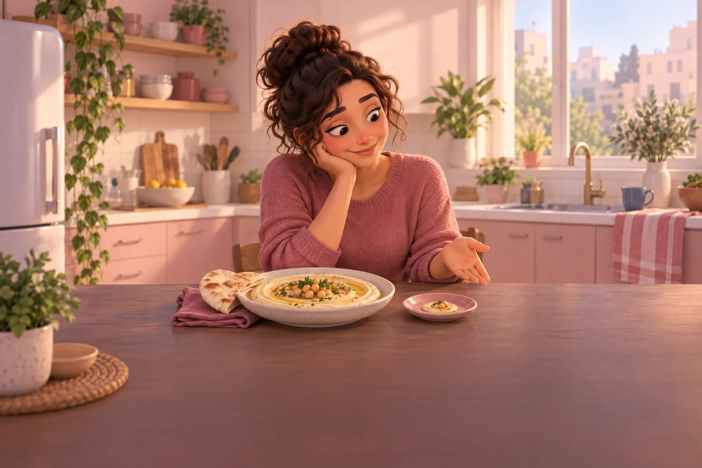 אישה בסוודר ורוד יושבת ליד שולחן במטבח, סנטרה על כף ידה, ומתלבטת בין צלחת חומוס גדולה עם פיתה לצלוחית קטנה עם קצת חומוס