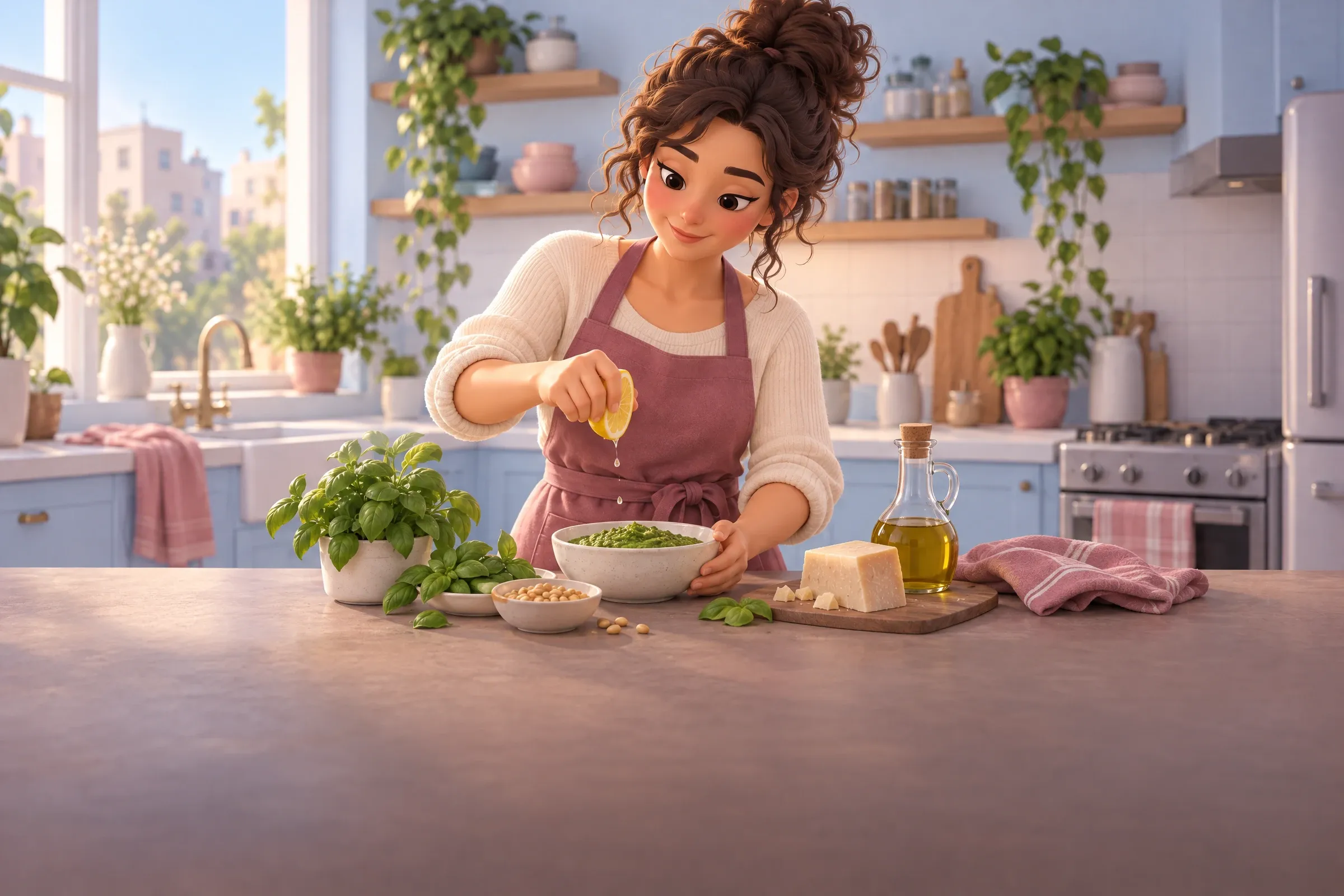 איור של אישה בסינר ורוד עתיק סוחטת חצי לימון מעל קערת פסטו ירוק במטבח, ליד עציץ בזיליקום, קערית צנוברים, גוש פרמזן ובקבוק שמן זית