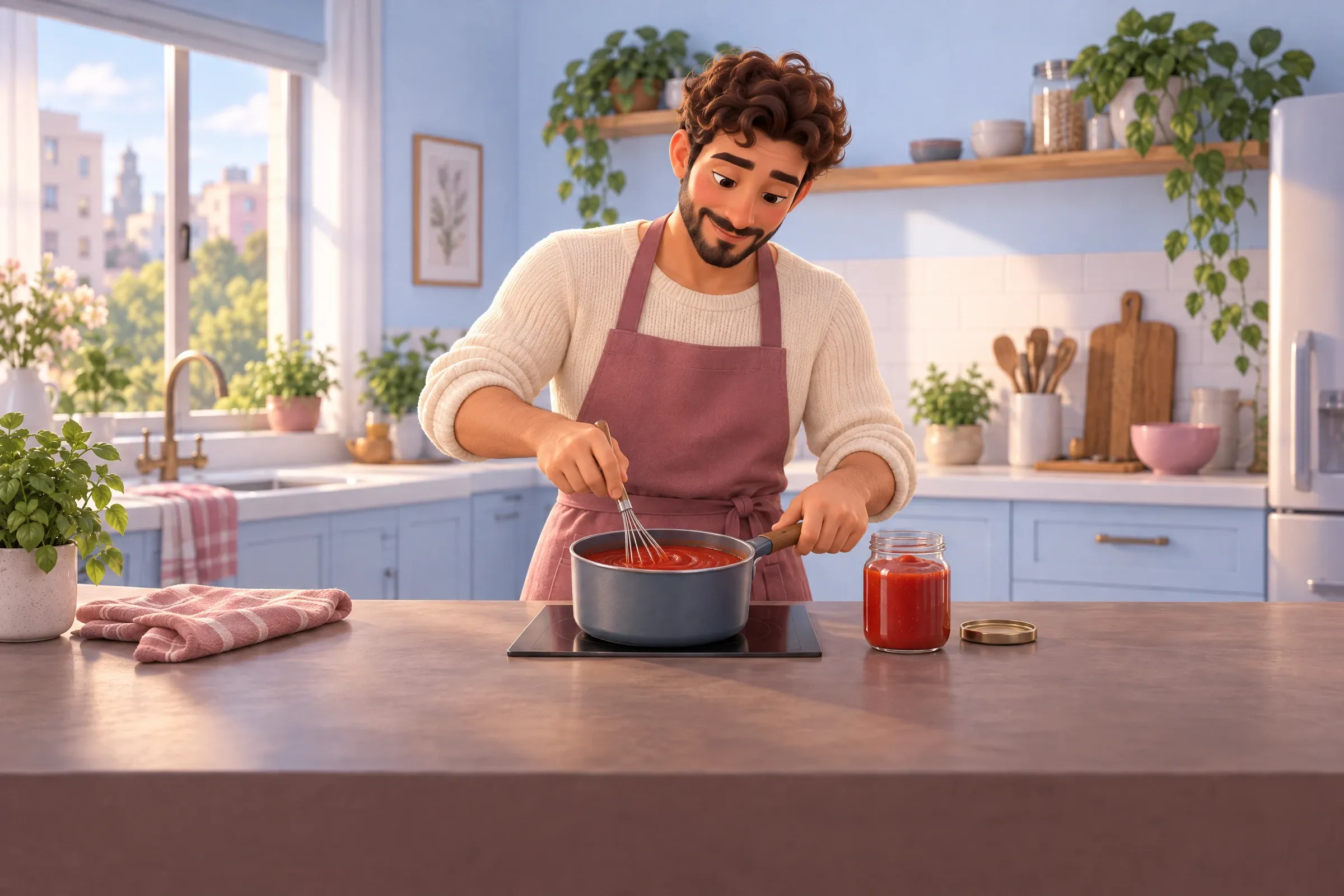 איור של גבר עם שיער מתולתל וזקן, בסוודר לבן וסינר ורוד עתיק, מערבב במטרפה רוטב קטשופ אדום בסיר קטן על כיריים, ליד צנצנת פתוחה של קטשופ ביתי, במטבח תכלת מואר