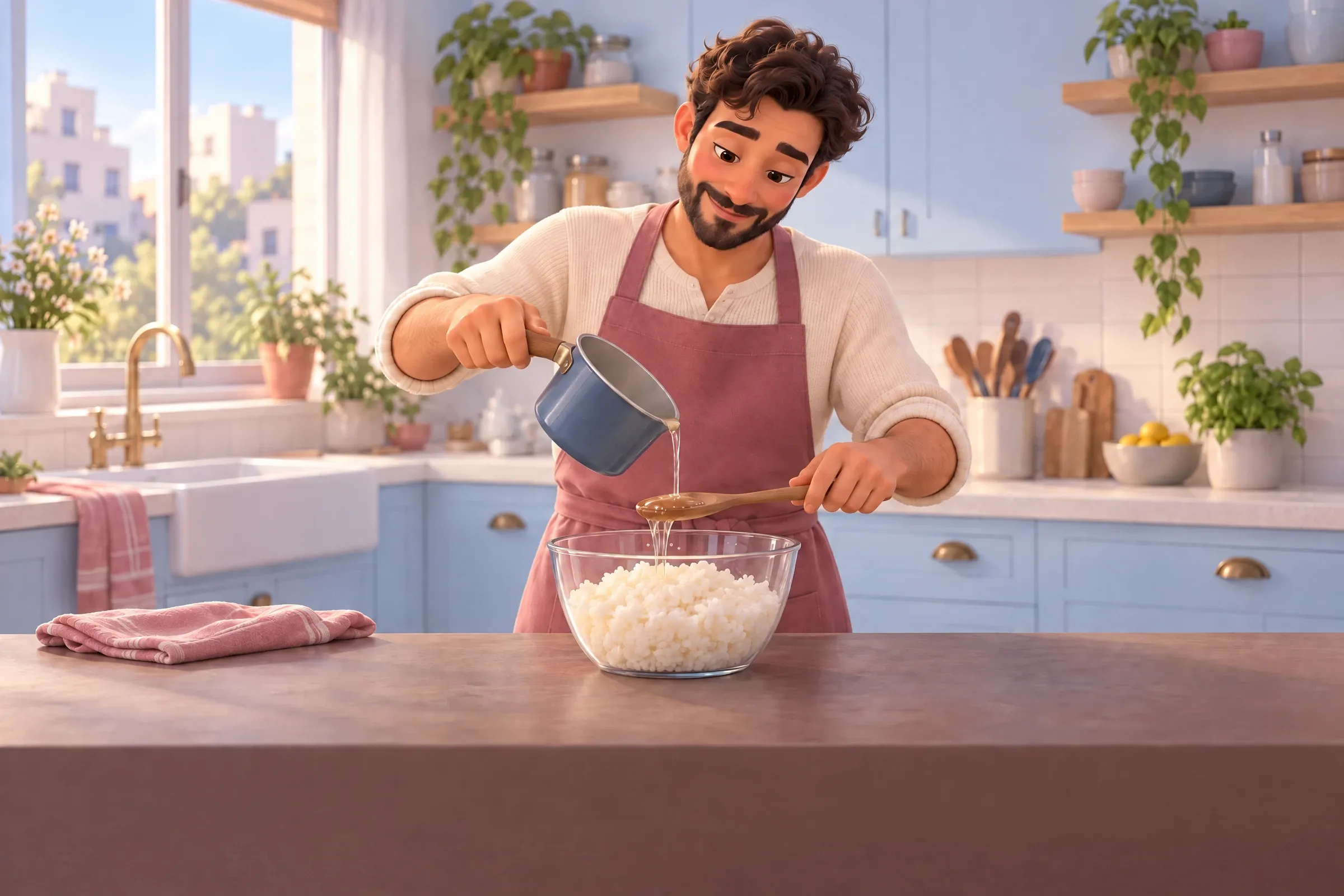 גבר מזוקן בסינר ורוד עתיק במטבח תכלת ומואר יוצק תחמיץ מסיר קטן עם ידית אל גב כף עץ, מעל קערת זכוכית מלאה באורז לסושי